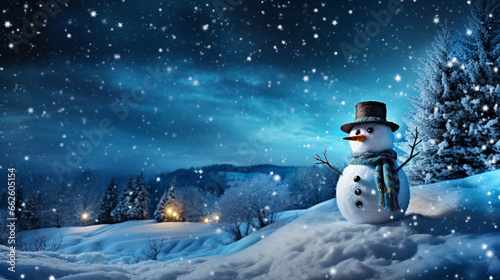 snowman in snowy winter night with beautiful blue sky background for festive holiday decoration