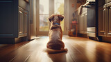 A dog sits by the door and waits for his master