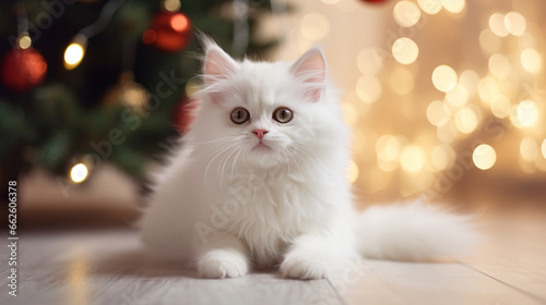 Christmas card with portrait of sweet little red kitten wearing santa hat with bokeh background