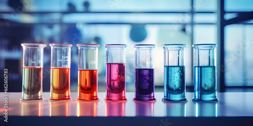 Colorful Beakers In A Lab Background,, Chemical Experiment with Vibrant Beakers Generative Ai