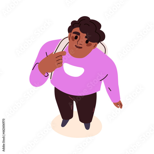 Black man looking up, top down view. Male character watching, staring, standi...