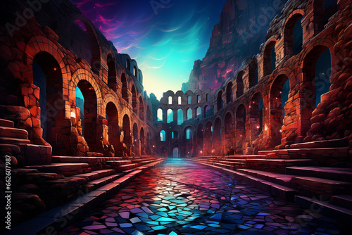  This artwork of the Colosseum in your style showcases a unique combination of abstract and geometric aesthetics.  