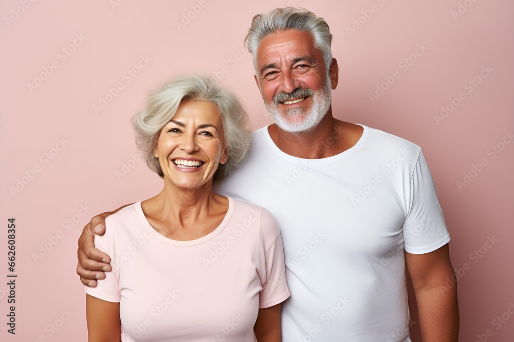 Portrait of a Fictional Lovely Senior Couple wearing plain blank t-shirt on a colored background. Generative AI Illustration. Portrait of a Fictional Lovely Senior Couple wearing plain blank t-shirt on a colored background. Generative AI Illustration.