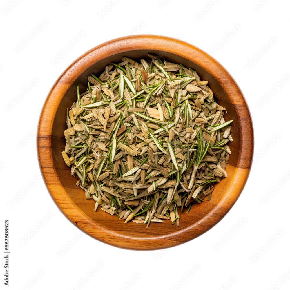 top view of rosemary in a wooden bowl isolated on a white transparent background