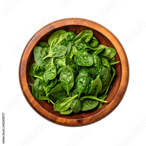 top view of cut spinach vegetable in a wooden bowl isolated on a white transparent background