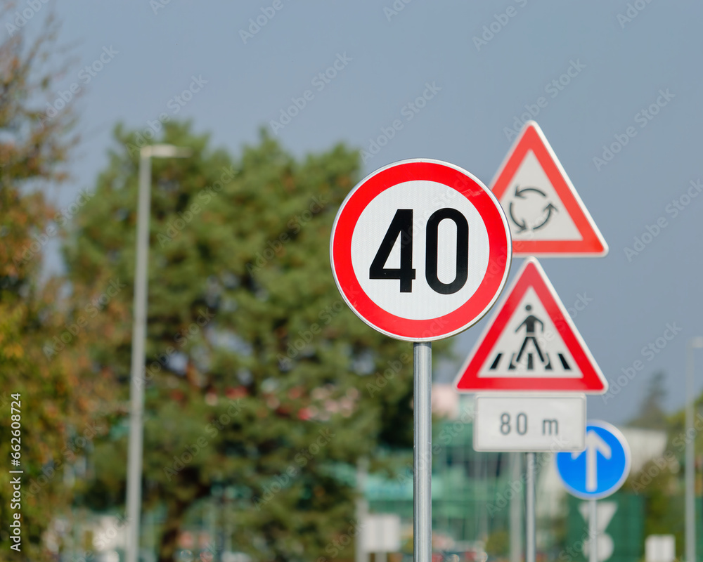 Selective focus shot of a Maximum Speed Limit 40 Street Sign on a metal pole