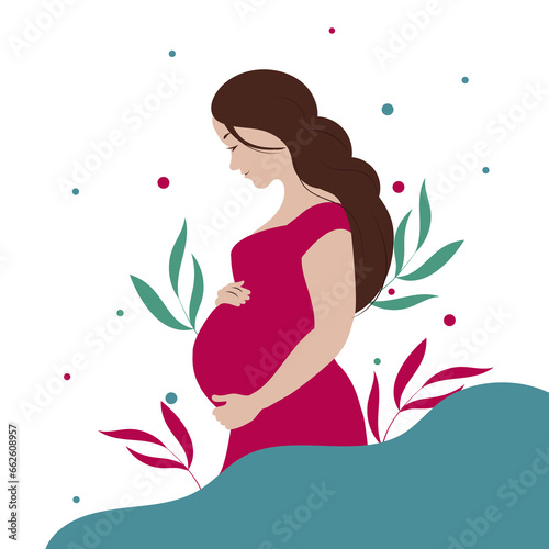 Beautiful pregnant woman expecting a baby, flat illustration