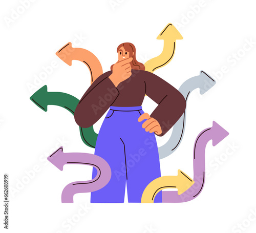 Choice concept. Person doubting in choosing path, way, making decision, solutions. Puzzled woman lost in many opportunities, arrow directions. Flat vector illustration isolated on white background photo