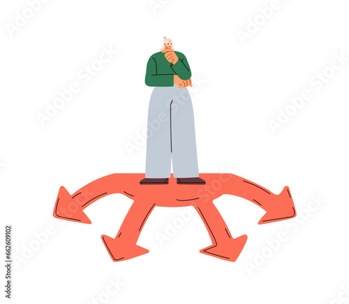 Choice and decision making concept. Confused lost woman at crossroads. Dilemma, doubt in choosing life and career way, opportunities. Flat graphic vector illustration isolated on white background