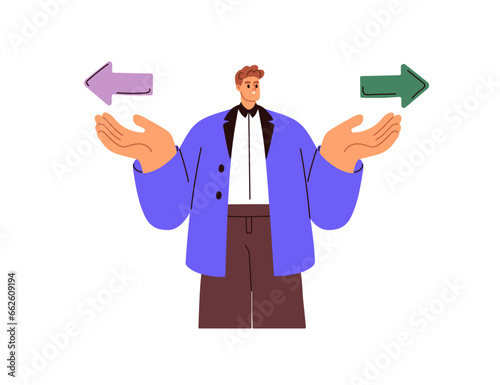 Choice and doubt concept. Business person with dilemma problem, making decision, choosing between two options, opposite ways, life directions. Flat vector illustration isolated on white background