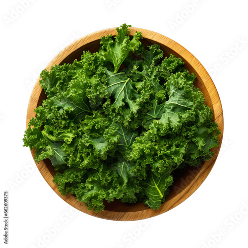 top view of cut  kale vegetable in a wooden bowl isolated on a white transparent background