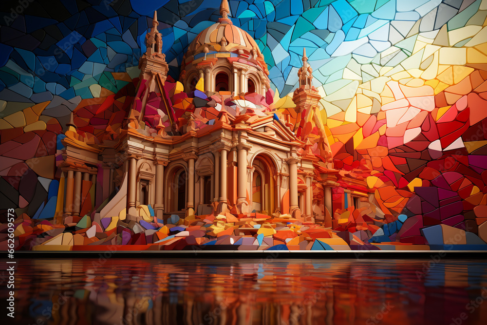 Obraz premium An abstract painting of The Parthenon, featuring geometric shapes and vibrant colors to represent the architectural beauty and precision of the ancient Greek structure. 