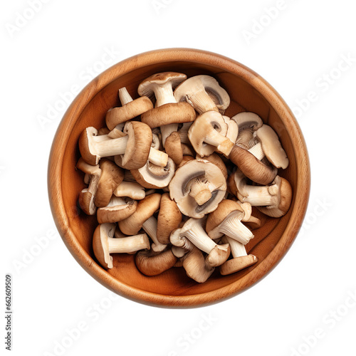 top view of diced mushrooms vegetable in a wooden bowl isolated on a white transparent background