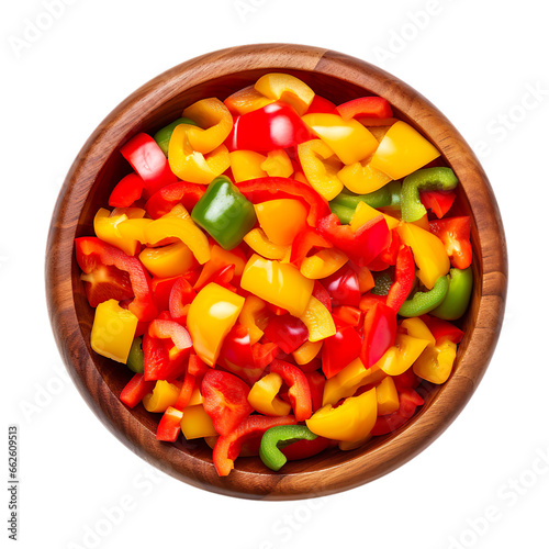 top view of diced mixed bell peppers vegetable in a wooden bowl isolated on a white transparent background