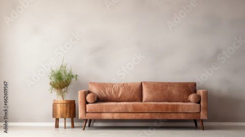 Velvet loveseat sofa near beige blank wall with copy space. Minimalist home interior design of modern living room. photo