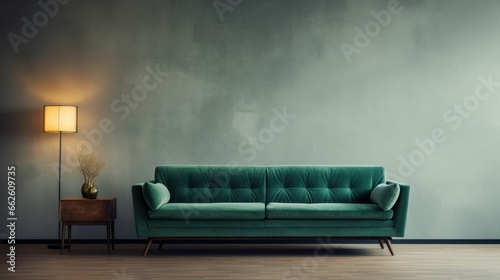 Velvet loveseat sofa near beige blank wall with copy space. Minimalist home interior design of modern living room. © ND STOCK