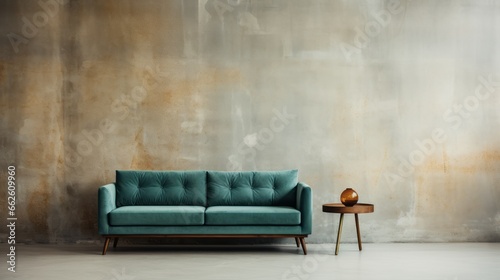 Velvet loveseat sofa near beige blank wall with copy space. Minimalist home interior design of modern living room.