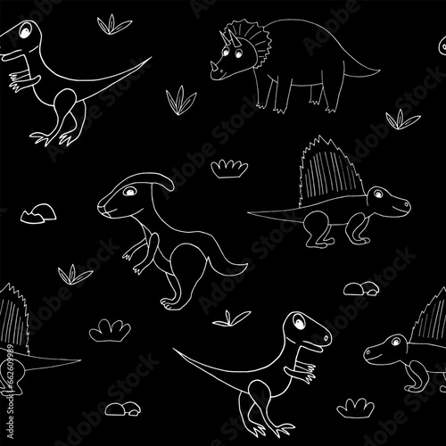 dinosaurs seamless pattern hand drawn in doodle style. photo