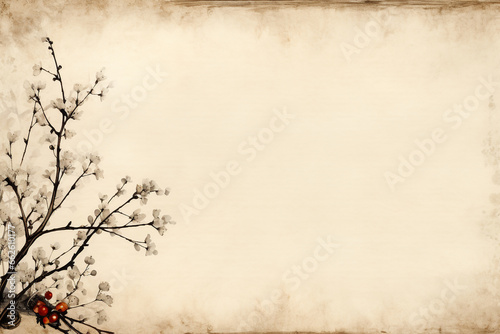 soft, light brown pastel background with a border of pastel branches and twigs