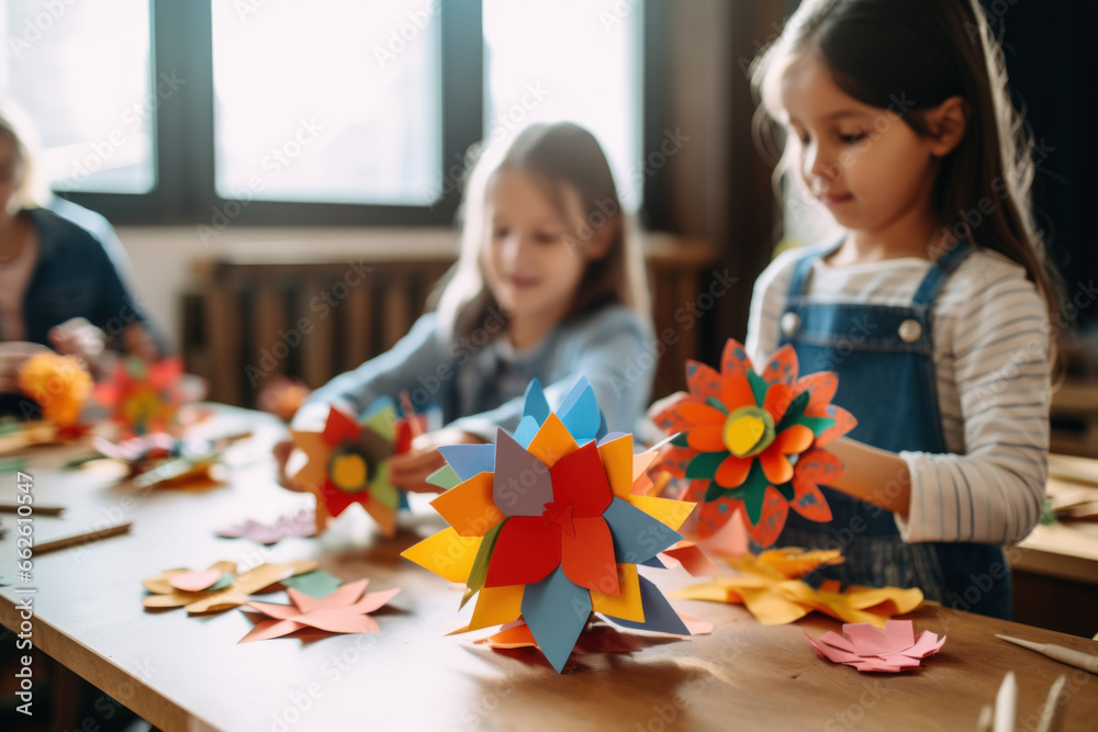 Girls crafting colorful paper flowers at a table. Children's art project. - obrazy, fototapety, plakaty 