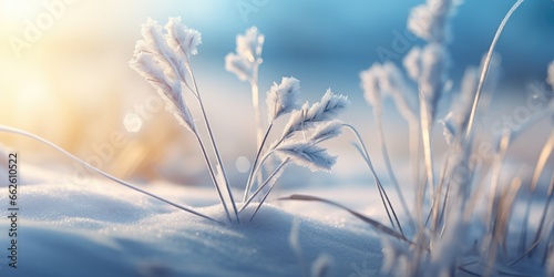 The winter landscape sparkles with frost and snow  creating a cool  bright and serene atmosphere.