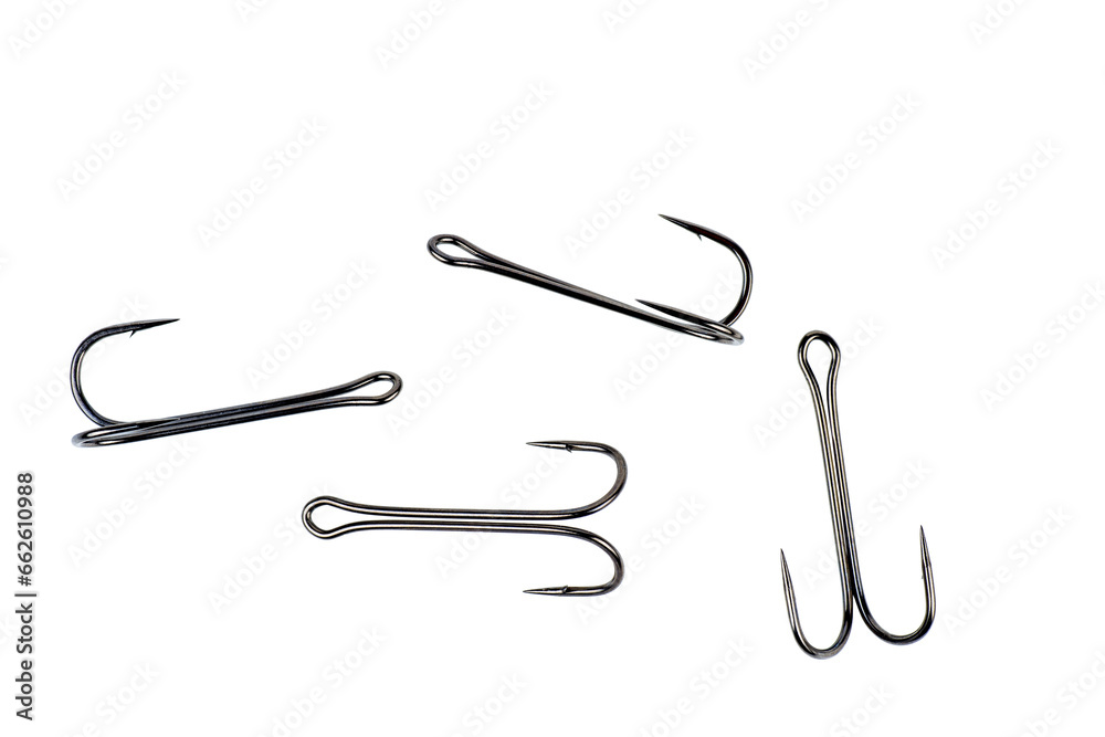 Hooks(offset) for professional spinning fishers isolated on white. Hooks(offset) for professional spinning fishers isolated on white.
