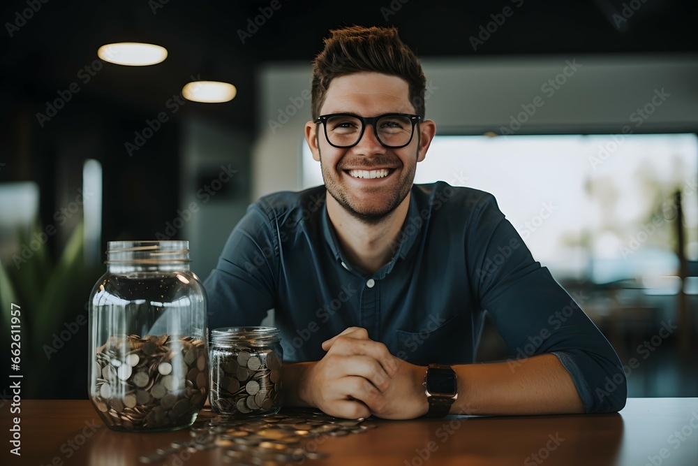 happy man with money jars of coins