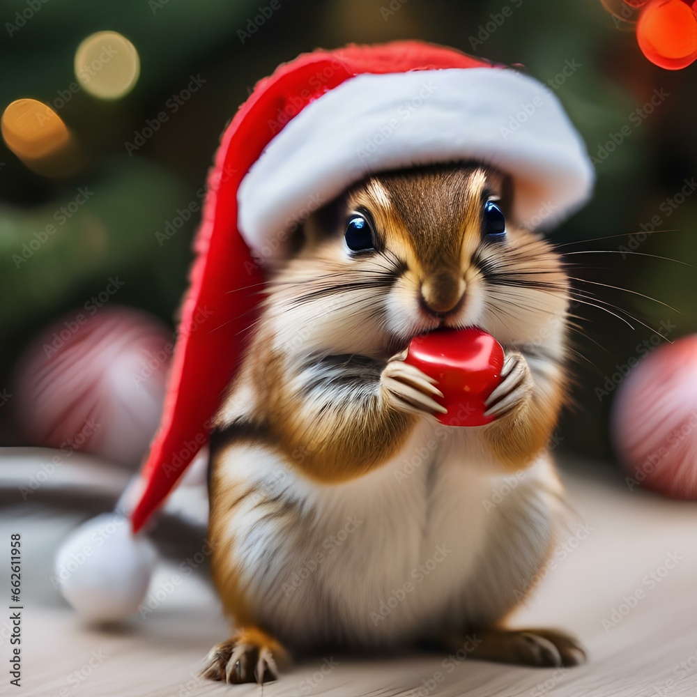 A tiny chipmunk donning a Santa hat and clutching a miniature candy cane1 A tiny chipmunk donning a Santa hat and clutching a miniature candy cane1