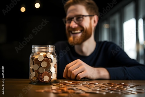 happy man with a money jar of coins