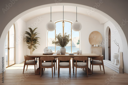 interior design of a contemporary dining room in a Mediterranean property on the coast. 