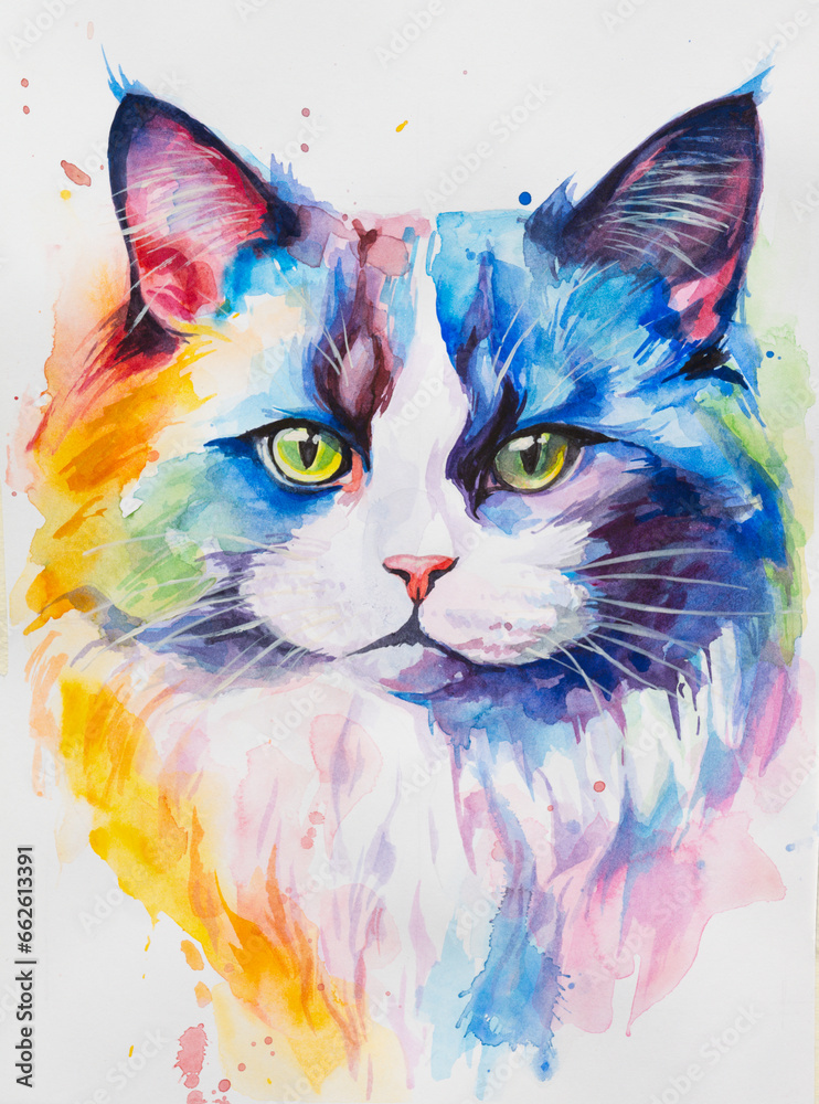 Fototapeta Ragdoll Cat painted in watercolor on a white background in a realistic manner, colorful, rainbow. Ideal for teaching materials, books and nature-themed designs.