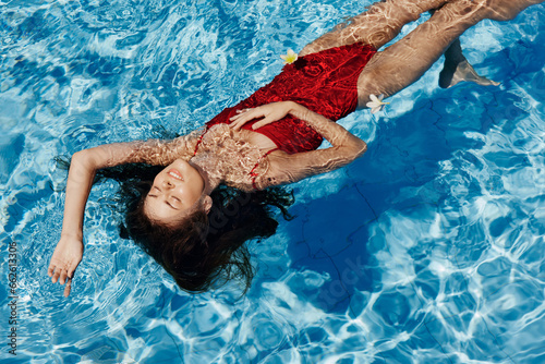 Woman person blue young summer female pool water