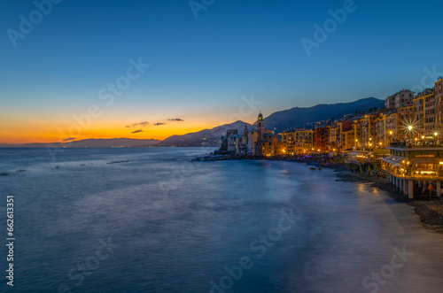 CAMOGLI  ITALY  AUGUST 6  2023 - View of the ligurian seaside village of Camogli at dusk  province of Genoa  Italy