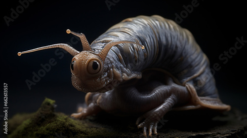 Realistic looking alien lifeform snail creature with dramatic lighting 