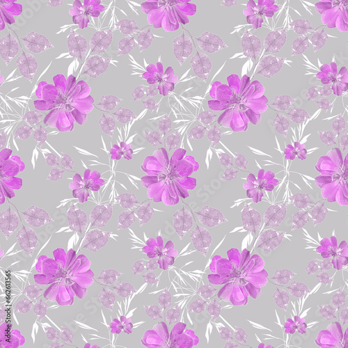 Seamless retro floral pattern. bright pink  white flowers on a light gray background.