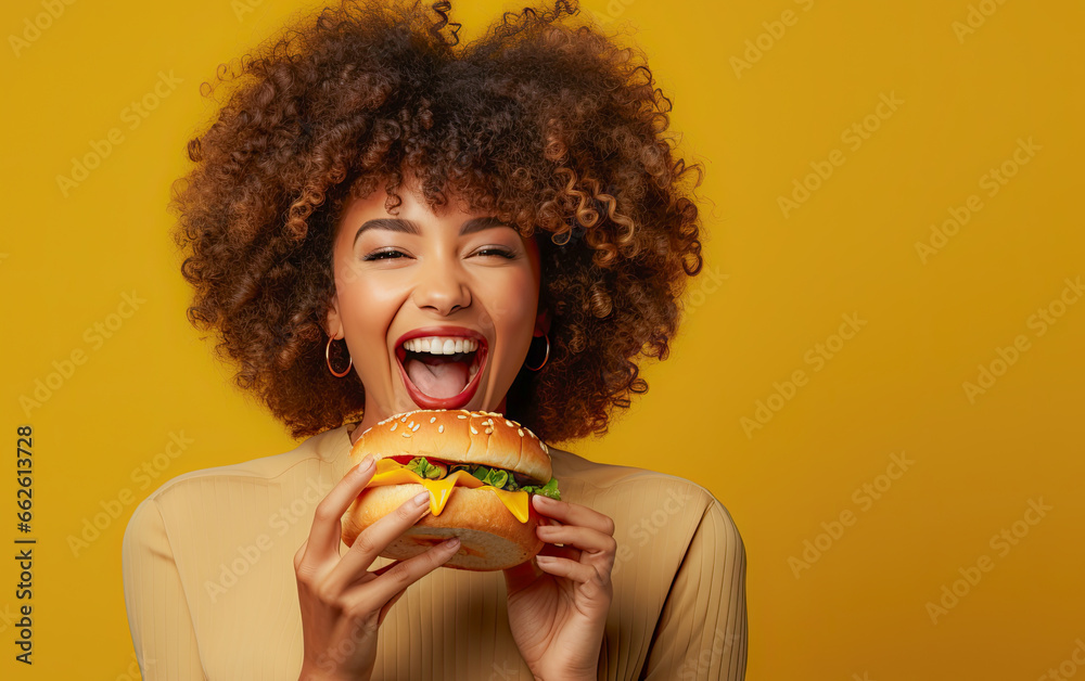 Happy woman eating Big Cheeseburger Hamburger on yellow orange background , artwork graphic design illustration. Happy woman eating Big Cheeseburger Hamburger on yellow orange background , artwork graphic design illustration.