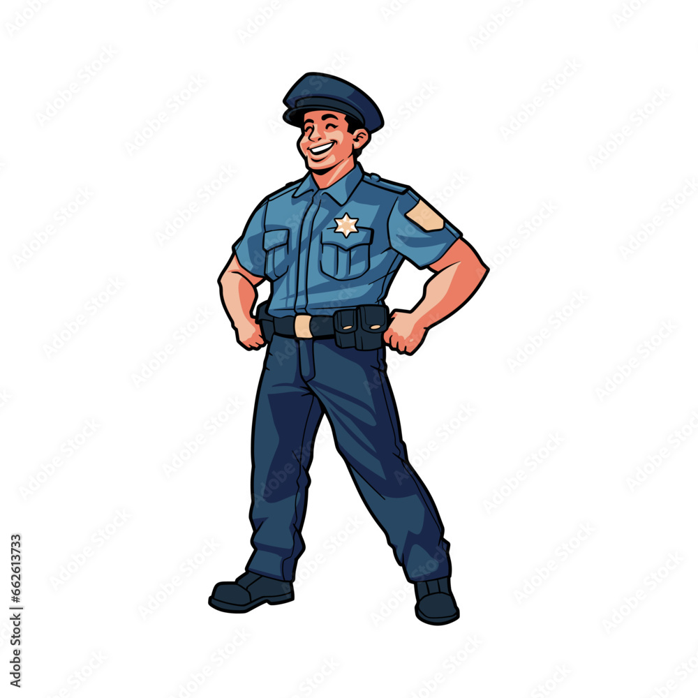 character illustration of a police officer standing with his hands on his hips character illustration of a police officer standing with his hands on his hips