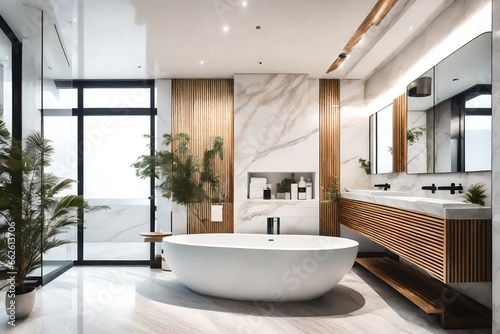 modern bathroom interior with bathtub and mirror