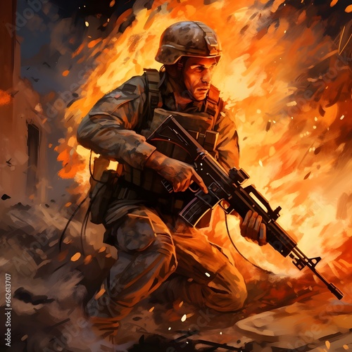 A soldier through the fire, generative Ai  photo