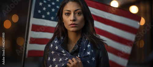 Female immigrant holding a small US flag the day of her naturalization photo