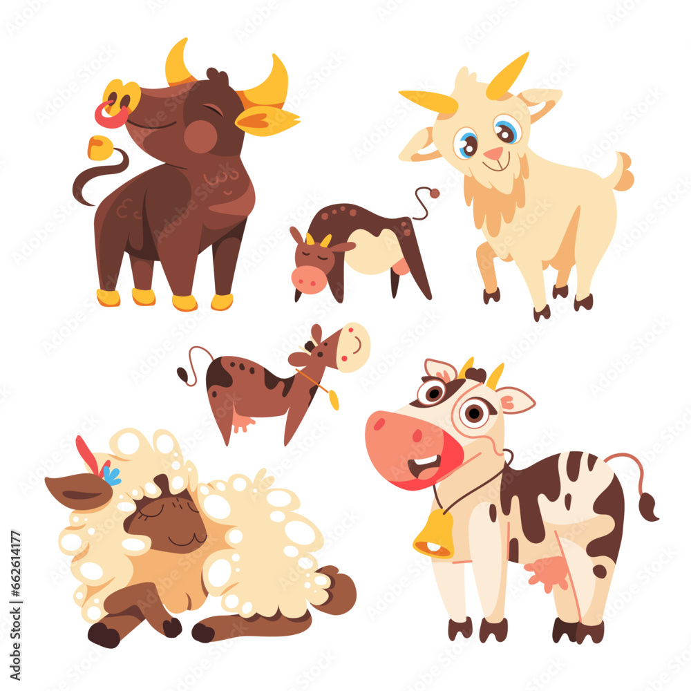 Vector set of farm animals, bull, cows, goat, sheep in cute cartoon style. Vector set of farm animals, bull, cows, goat, sheep in cute cartoon style.