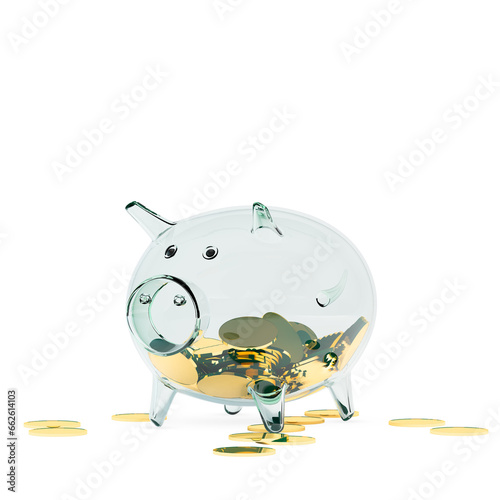 Glass transparent pig piggy bank with gold coins inside and outside, 3D render.
