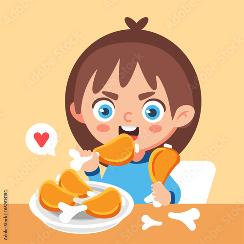 Vector illustration of a girl eating chicken wings in a cute cartoon style.