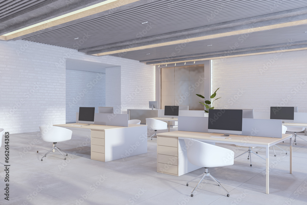 Fototapeta premium Modern bright coworking office interior with furniture and daylight. 3D Rendering.