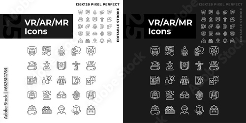 2D pixel perfect light and dark icons pack representing VR, AR and MR, editable thin line illustration.
