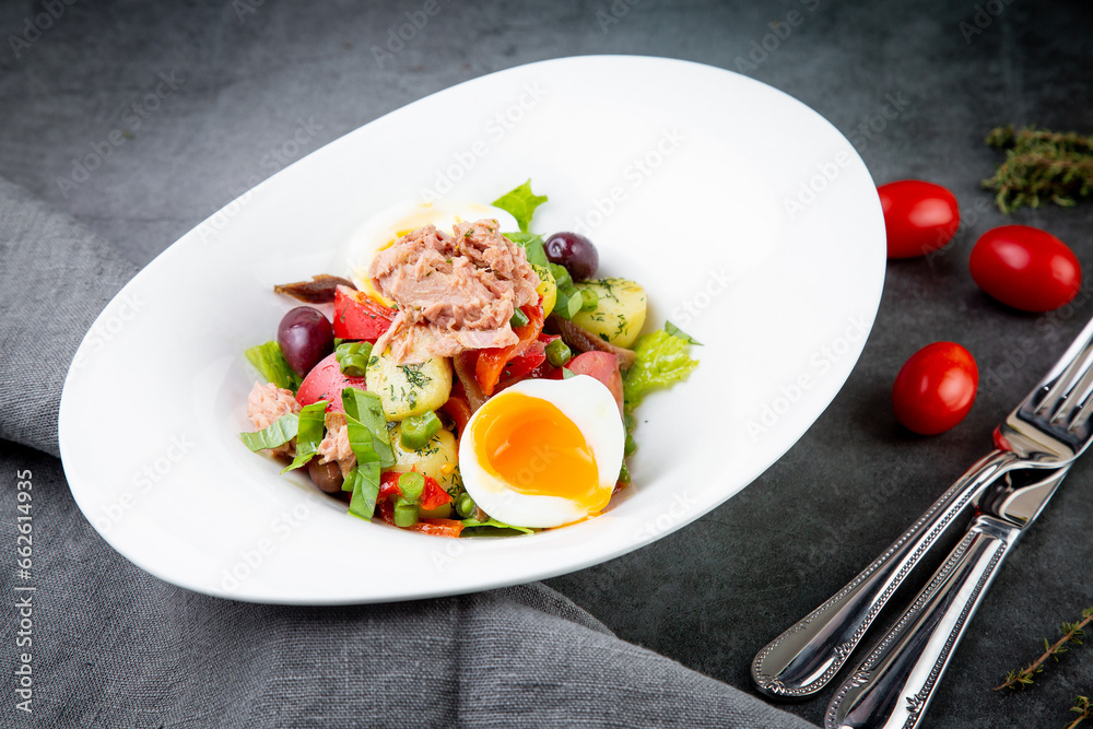 salad with soft-boiled egg, tuna, green onions, boiled potatoes, side view salad with soft-boiled egg, tuna, green onions, boiled potatoes, side view
