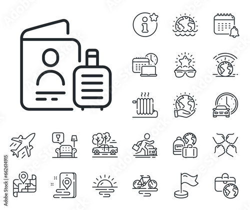 Travel baggage sign. Plane jet, travel map and baggage claim outline icons. Passport line icon. Journey luggage bag symbol. Passport line sign. Car rental, taxi transport icon. Place location. Vector