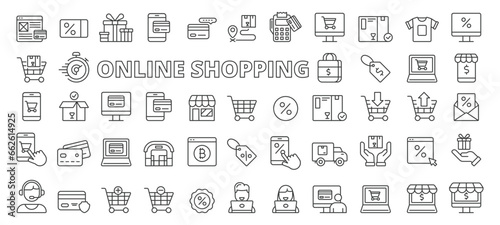 Online shopping vector icons in line design. Shopping, Cart, Bag, Online, Buy, Sale, Retail, E-commerce, Payment, icons isolated on white background vector.