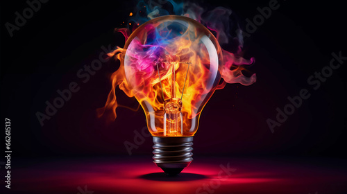 Creative light bulb on black background with colorful flames inside. creative concept