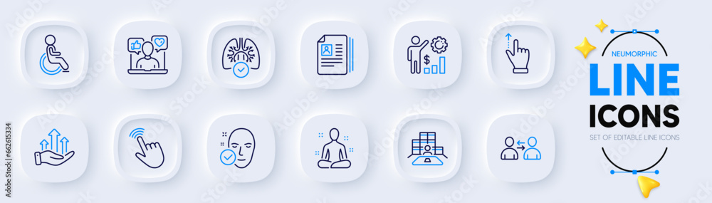 Disability, Growth chart and Social media line icons for web app. Pack of Yoga, Employees wealth, Inventory pictogram icons. Communication, Health skin, Touchscreen gesture signs. Cursor. Vector - obrazy, fototapety, plakaty 